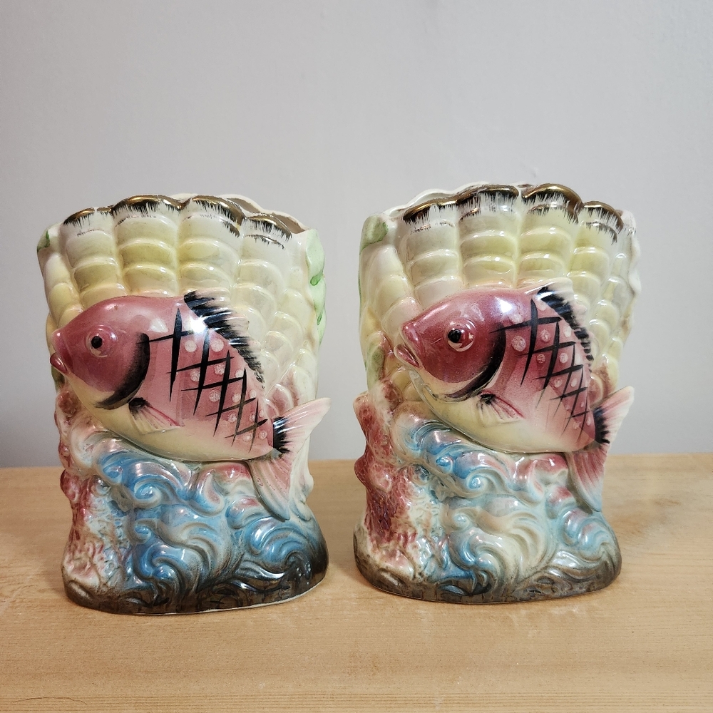 1970s Fish Glazed Ceramic Vases